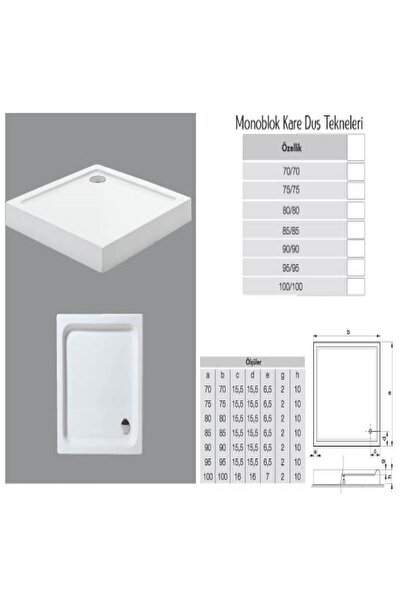 TEKNO DUŞ DUŞAKABİN TEKNE VE KÜVET SİSTEMLERİ Kare Monoblok Duş Teknesi H:10cm