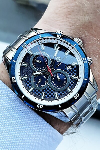 Bigotti Full Çelik Erkek Kol Saati 5 Atm Su Geçirmez Gümüş-Mavi Renk + Bileklik BME2002C2