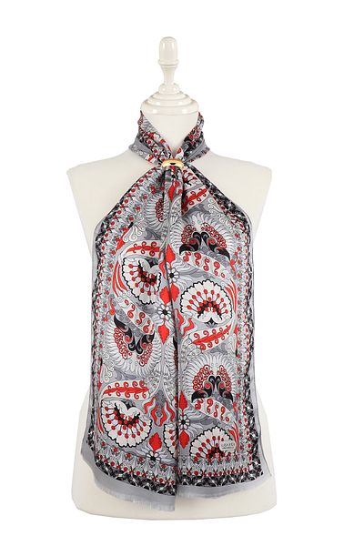 Bursa İpek Gray Red Peacock Narrow Silk Scarf