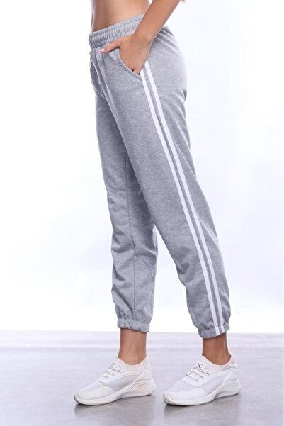 Tight Lady Kadın Şeritli Gri Melanj Yazlık Lastikli Paça Klasik Eşofman Altı