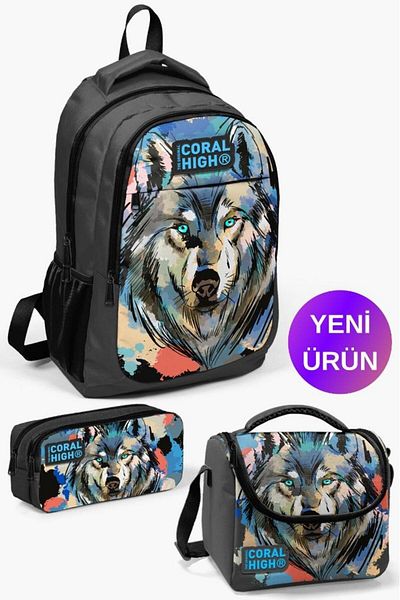 Coral High Kids Gray Black Wolf Patterned 3-Piece School Bag Set GOSET0114404