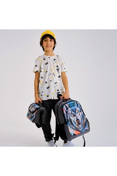 Coral High Kids Gray Black Wolf Patterned 3-Piece School Bag Set GOSET0114404