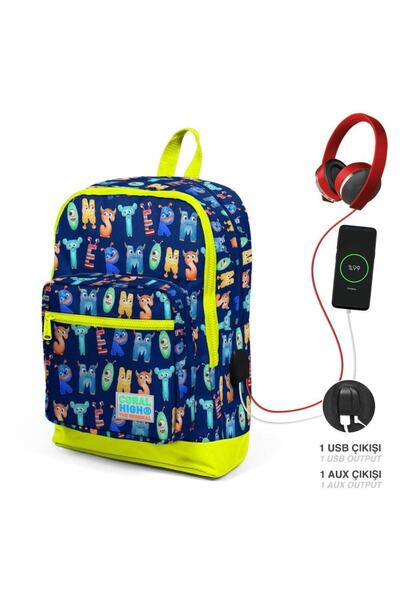 Coral High Kids Navy Blue Neon Yellow Monster Patterned 3-Piece School Bag Set with USB GOSET0123826