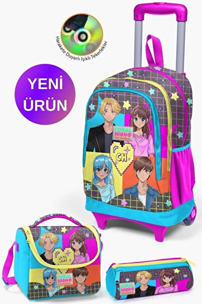 Coral High طقم حقائب من 3 قطع بنمط الرسوم المتحركة باللون الرمادي والأزرق وال...