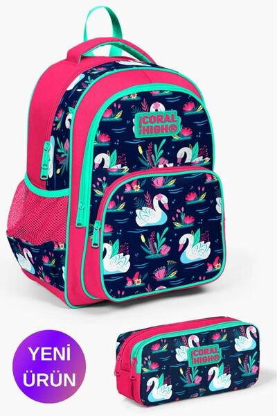 Coral High Kids Neon Mercan Lacivert Kuğu Desenli 2'li Okul Çanta Seti GOSET0...