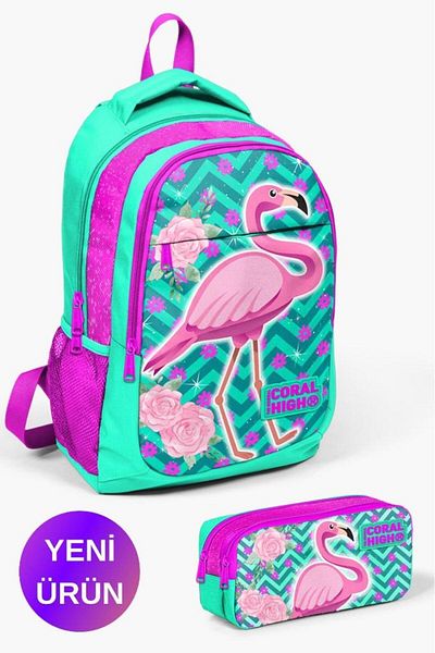 Coral High Set de 2 genți de școală pentru copii, verde apă, roz, sclipici, cu model flamingo GOSET 0214382