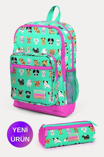 Coral High Kids Water Green Neon Pink Dog Patterned 2-Piece School Bag Set GOSET0223465