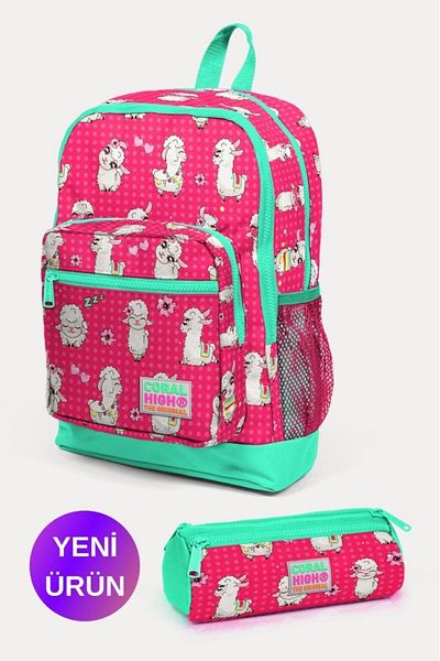 Coral High Kids Neon Coral Water Green Alpaca Patterned 2-Piece School Bag Set GOSET0223466