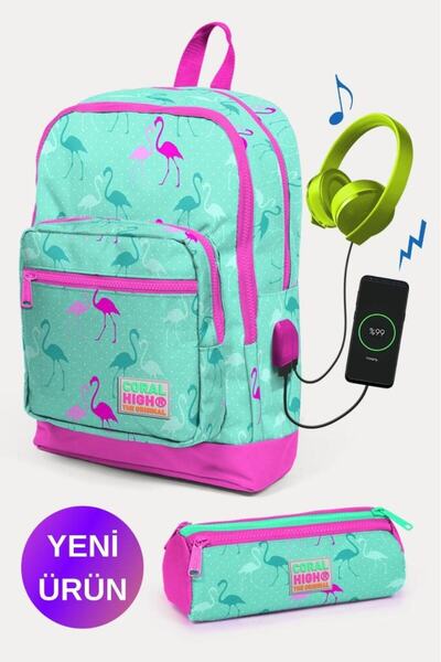 Coral High مجموعة حقائب مدرسية مكونة من قطعتين منقوشة باللون الأخضر النيون ال...