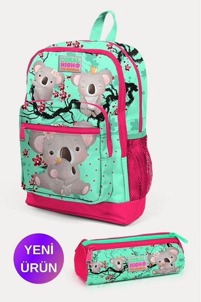 Coral High Set de geanți de școală pentru copii, verde apă, neon coral, model Koala, 2 piese GOSET 0223713