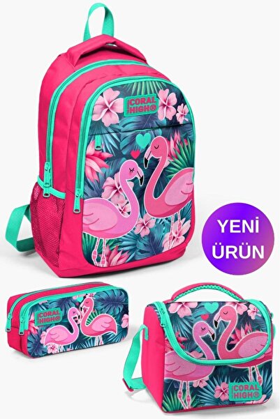 Coral High Set de 3 genți de școală cu model de flamingo neon coral verde apă...