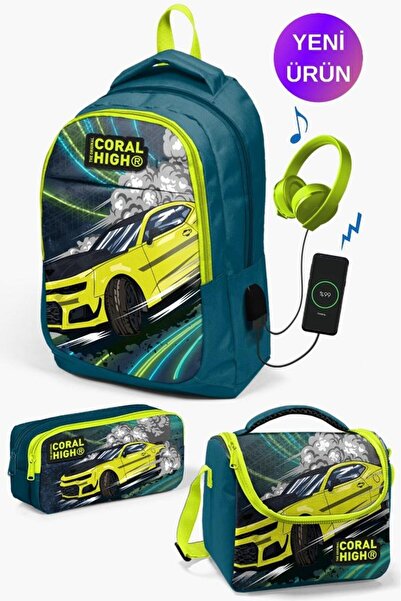 Coral High Kids Nephti Highlighting Yellow Car Patterned 3-Piece School Bag Set with USB GOSET0124319