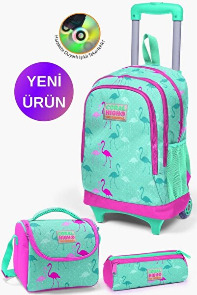 Coral High Kids Su Yeşili Neon Pembe Flamingo Desenli Çekçekli 3'lü Çanta Set...