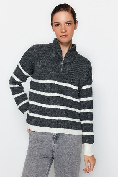 Trendyol Collection Soft Textured Zippered Striped Sweater - Anthracite TWOAW24KZ00624