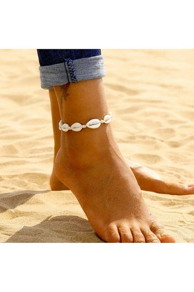 Major Butik Seashell Single Row Cream Leather String Anklet Bracelet