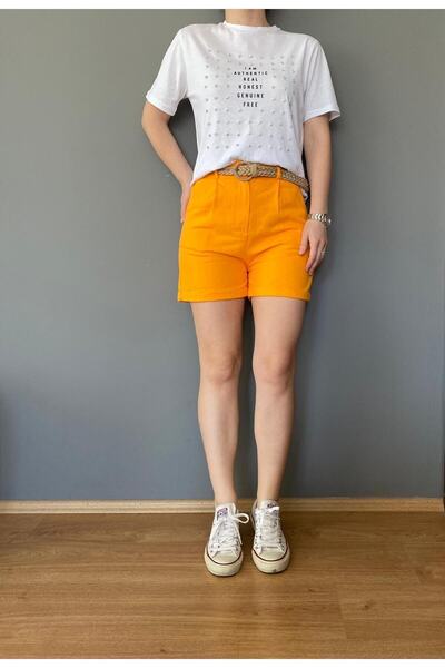 Sinhan Orange Short Gabardine Shorts - Straw Belt