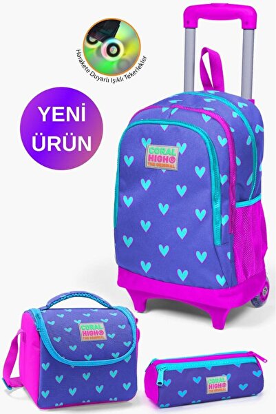 Coral High Kids Lavanta Pembe Kalp Desenli Çekçekli 3'lü Çanta Seti
