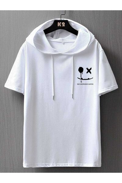 İmpavido Tricou alb oversize cu glugă cu imprimeu „self emoji”.