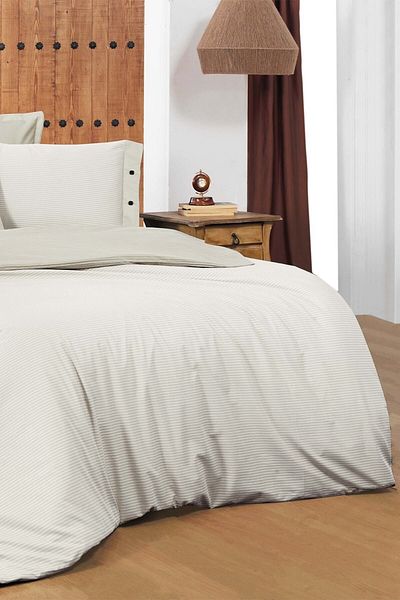 Sarev New Fancy Stripe Ecru Double 100% Cotton Striped Duvet Cover Set