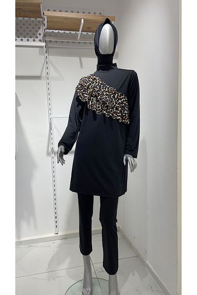GİZGİYİM Leopard Valon 3 Piece Full Covered Hijab Swimsuit Large Size