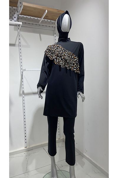 GİZGİYİM Leopard Valon 3 Piece Full Covered Hijab Swimsuit Large Size