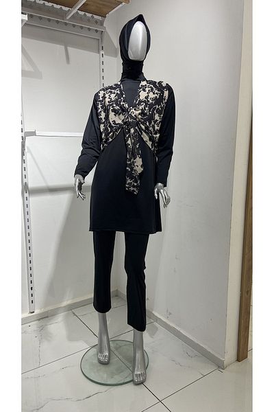 GİZGİYİM Front Tie 3 Piece Full Covered Hijab Swimsuit Large Size