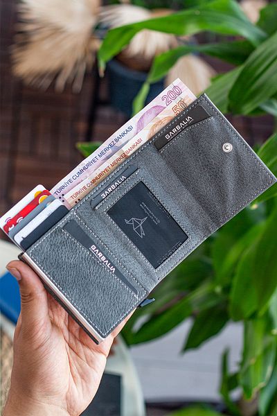 Garbalia Donetsk Automatic Mechanism Gray Wallet Card Holder with Plenty of Card Holders and Paper Money Compartment