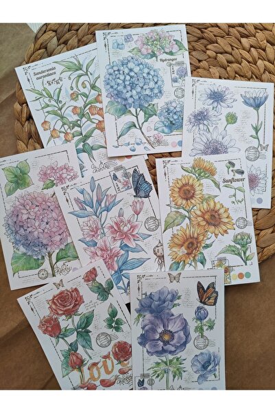 SelisCraft Çiçek Desen Postcard Etiket Seti Ajanda Planlayıcı Bullet Journal ...