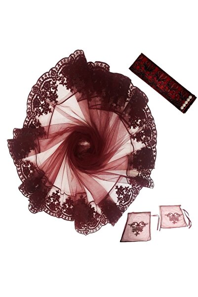 KAZIM ALIÇ Kadife Simli Eldiven Ve Kemerli Duvak Bordo Gelin Yüz Örtüsü 4prç