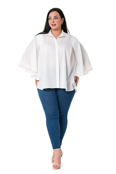 DISENTIS MODEST Plus Size White Shirt with Cloak Sleeves and Hidden Placket and Pleat Detail