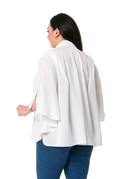 DISENTIS MODEST Plus Size White Shirt with Cloak Sleeves and Hidden Placket and Pleat Detail