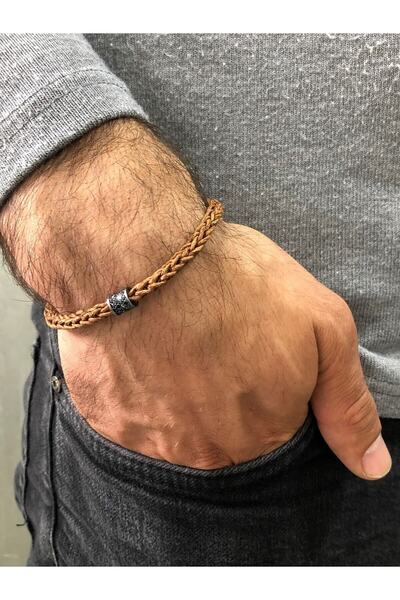 Moda Kulesi Gümüş Erkek Bileklik Deri İp Örme Özel Tasarım Bileklik