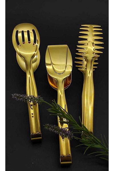 BRONDOFF 3 Piece 24K Gold Plated Tongs Set (Dishwasher Washable)