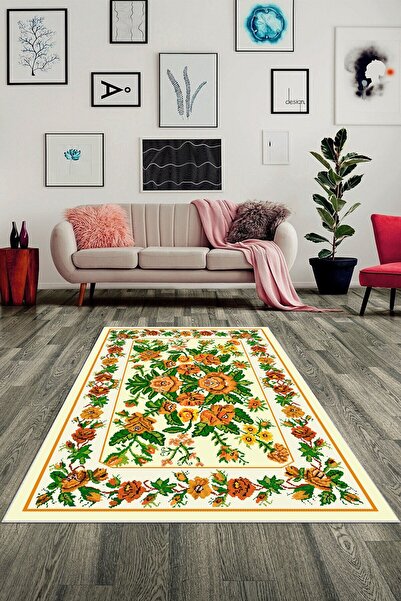 on the clouds Gül Desenli Gül Buketleri Vintage Dijital Baskılı Kaymaz Taban ...