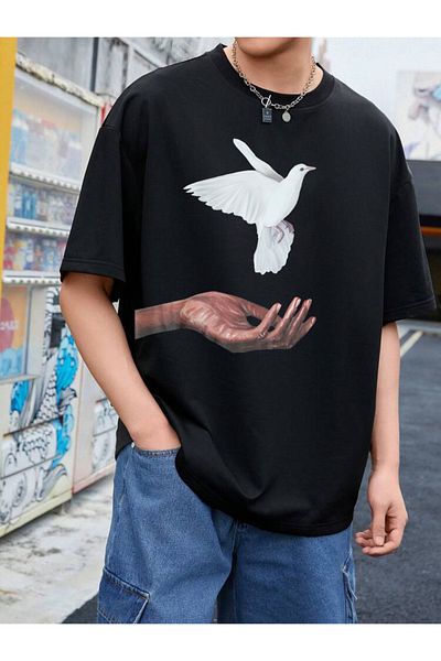 DEEPSENCE Men's Oversize T-shirt Cotton fabric Dove Hand printed Black