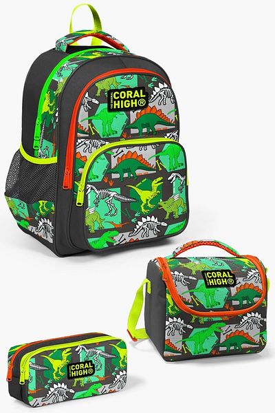 Coral High SET de 3 genți de școală cu model de dinozaur gri verde pentru copii 0114419