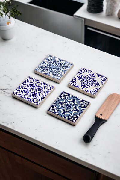 Baumatelier Mavi Çini Desenli, Çini Sanatı Doğal Taş Traverten Bardak Altlığı...