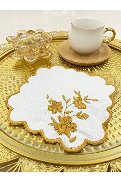 AYNAKIŞÇEYİZ 6 bucăți pătrate cu model de flori aurii broderie lenjerie cafea...