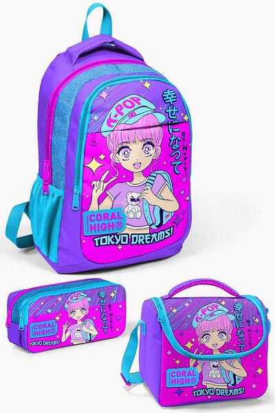 Coral High Set de geanți de școală pentru copii, violet, roz, albastru, strălucitor, cu model K-Pop, 3 piese SET0114403