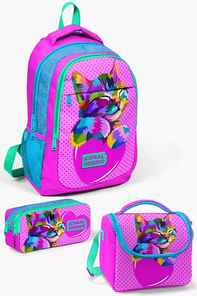 Coral High Set de 3 genți de școală cu model de pisică cu sclipici roz albastru pentru copii Set014387