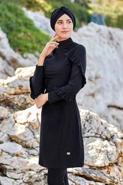 MEBA Adasea Black Ruffle Λεπτομερές Lycra Full Covered Hijab μαγιό 4104