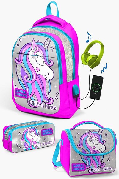 Coral High Set de 3 genți de școală USB cu sclipici roz argintiu cu model unicorn - SET 0123412