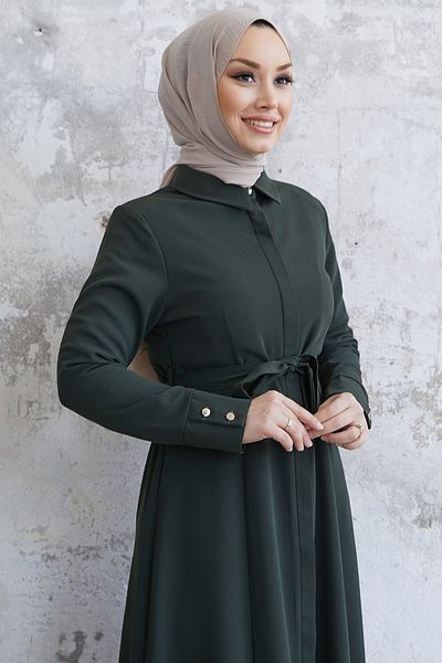 InStyle Emery Belted Shirt Collar Abaya - Khaki