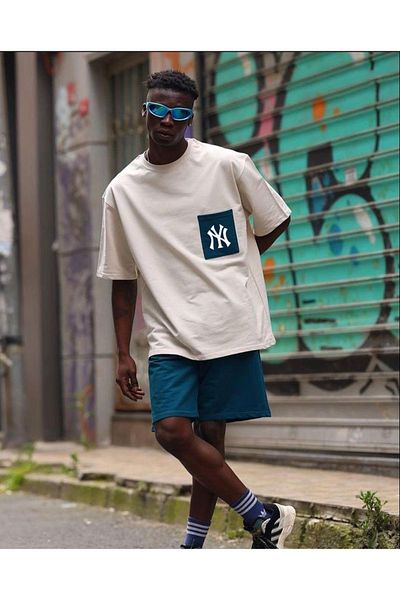 Keywest Pocket Detailed Yanke Ny Printed Summer Oversize Combed Cotton T-Shirt Shorts Set