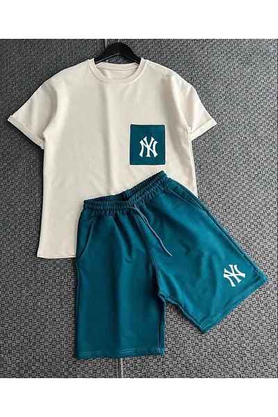 Keywest Pocket Detailed Yanke Ny Printed Summer Oversize Combed Cotton T-Shirt Shorts Set