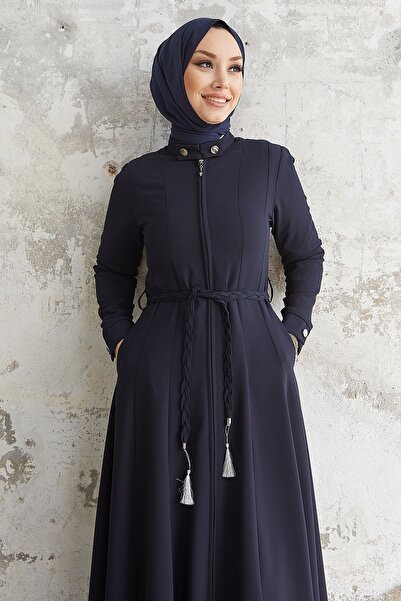 InStyle Sivya Collar Button Belt Knitted Abaya - Navy Blue