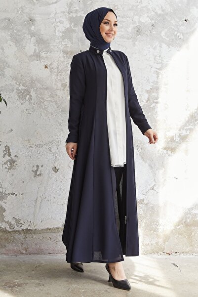 InStyle Sivya Collar Button Belt Knitted Abaya - Navy Blue