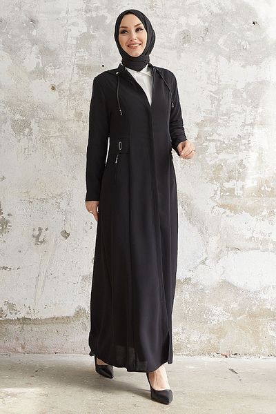 InStyle Elena Waist Detailed Hooded Abaya - Black