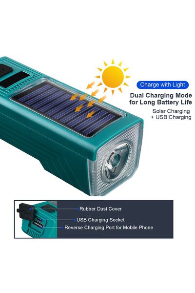Schulzz 1000 Lümen 5 Modlu Su Geçirmez Solar Güneş Enerjili USB Şarjlı Bisiklet Farı