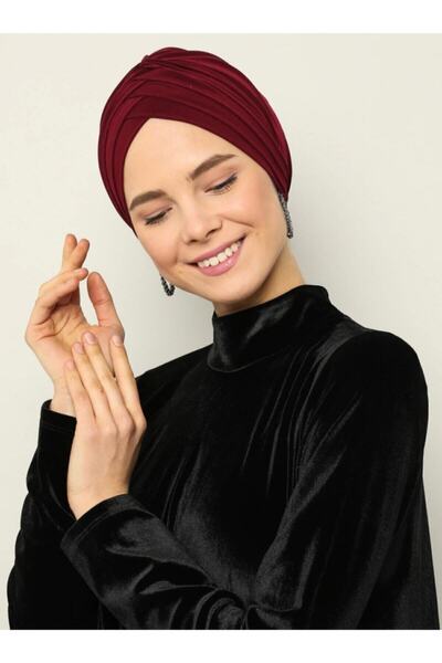 tessetür Bone diyarı Çapraz Üç Bantlı Hazır Türban - Bordo - 10 -